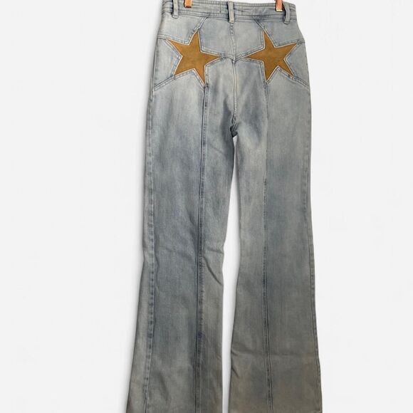 Free People firecracker Light Blue Flare Jeans with mustard yellow Star - Picture 3 of 8